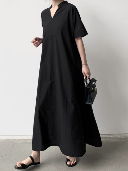 xakxx Loose Short Sleeves Solid Color V-Neck Maxi Dresses