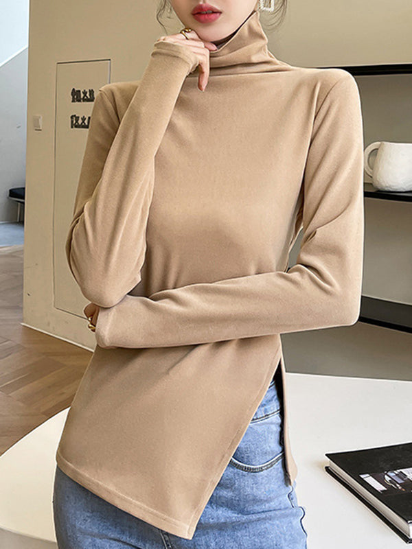 xakxx Casual Skinny Long Sleeves Split-Side Solid Color High-Neck T-Shirts Tops