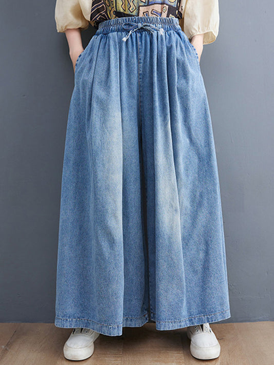 xakxx Simple Casual Loose Wide Leg Drawstring Jean Pants