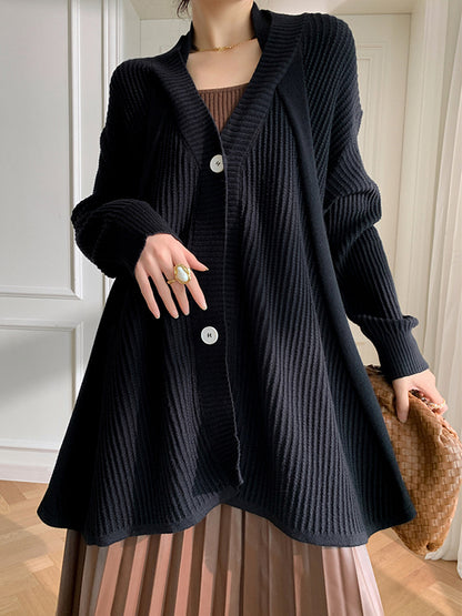 xakxx Stylish A-Line Long Sleeves Loose Solid Color V-Neck Cardigan Tops