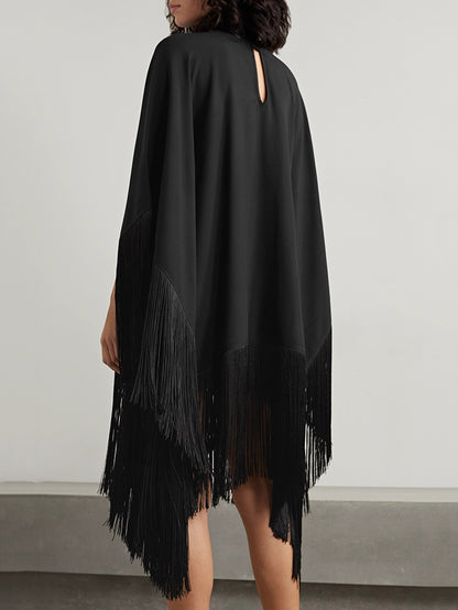 xakxx Loose Fringed High Neckline With A Scarf-Like Panel Solid Midi Dresses