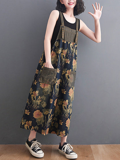 xakxx Oversize Wide Leg Floral Printed Split-Joint Overalls