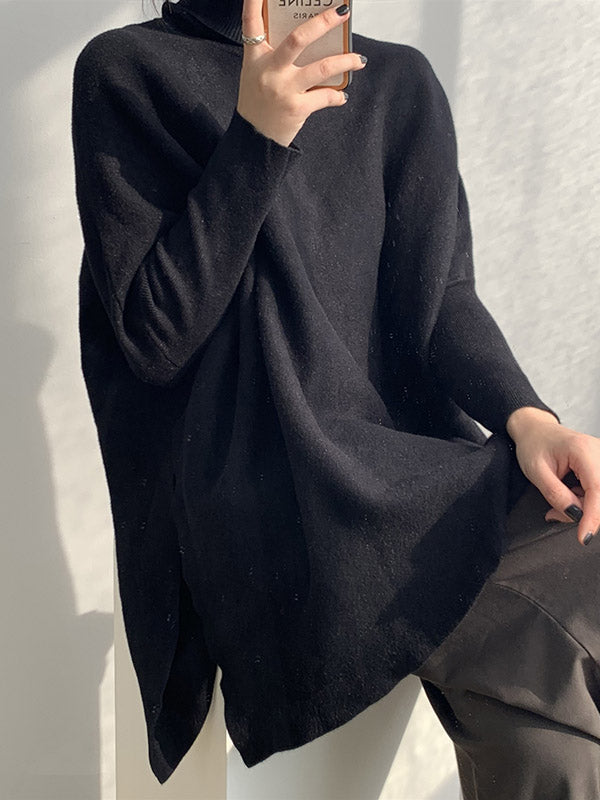 xakxx Original 4 Colors Split-Side High-Neck Long Sleeves Sweater Top