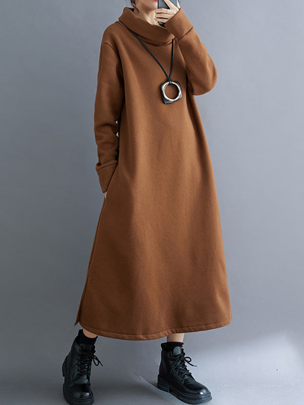 xakxx A-Line Long Sleeves Pockets Solid Color Split-Side Velvet High Neck Midi Dresses
