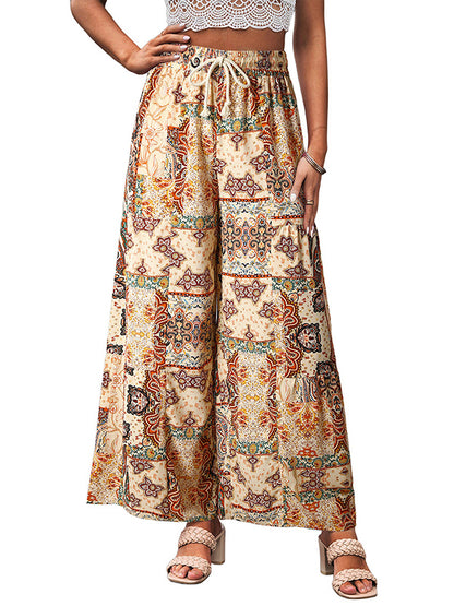 xakxx High Waisted Loose Drawstring Flower Print Pleated Pants Trousers