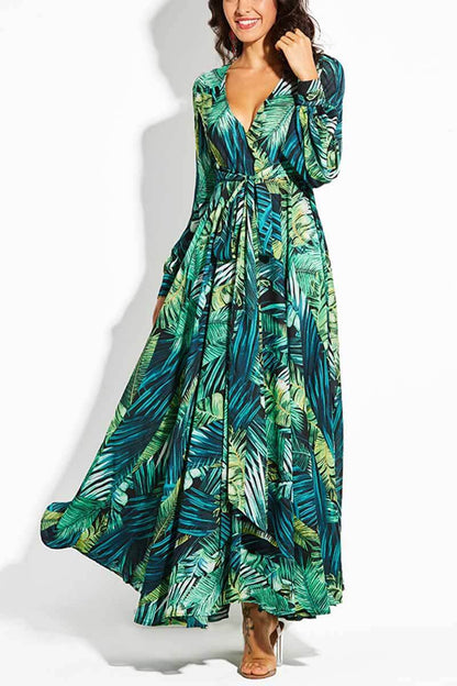 Xakxx V-Neck Leaf Print Maxi Dress