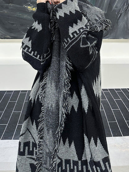 xakxx Long Sleeves Loose Contrast Color Tasseled Lapel Cardigan Coats