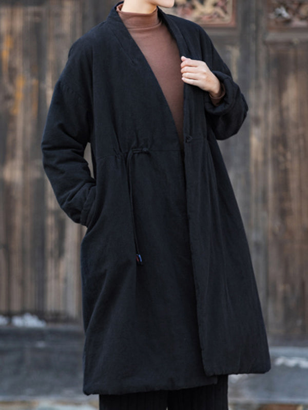 xakxx Long Sleeves Loose Cotton-Padded Clothes Drawstring Quilted Solid Color Velvet V-Neck Outerwear Padded Coat