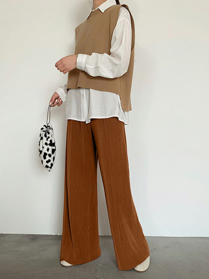 xakxx Casual Solid Color Pleats Capri-Pants Bottoms