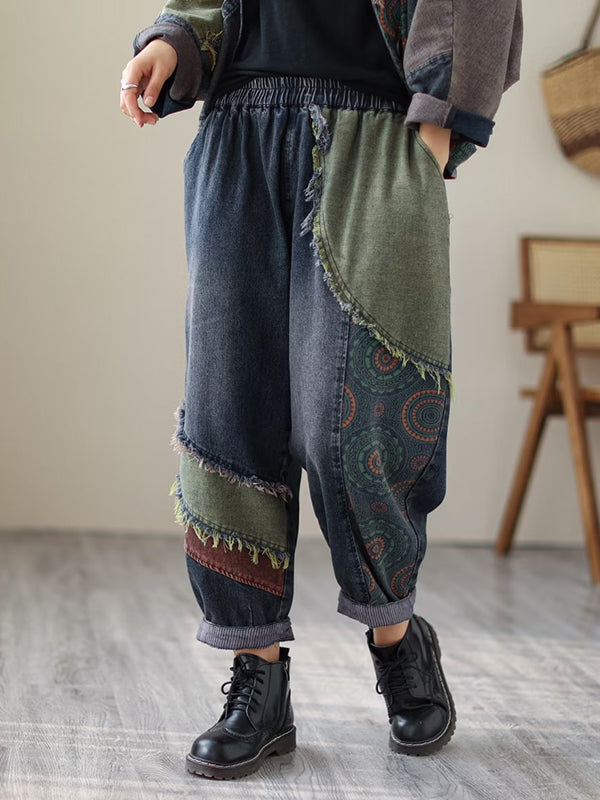 xakxx Contrast Color Fringed Split-Joint Long Sleeves Printed Outwear + Harem Pants  Two Pieces Set