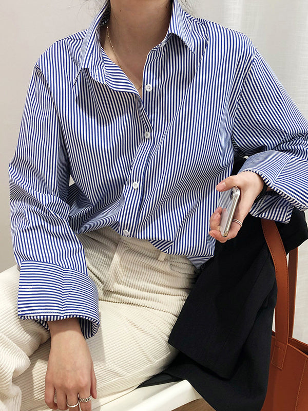 xakxx Urban Loose Striped Lapel Collar Blouses&Shirts Tops