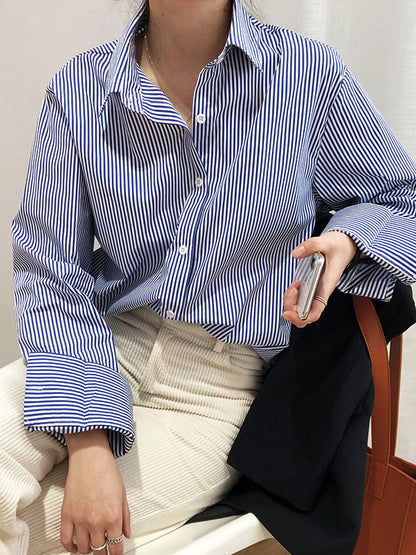 xakxx Urban Loose Striped Lapel Collar Blouses&Shirts Tops