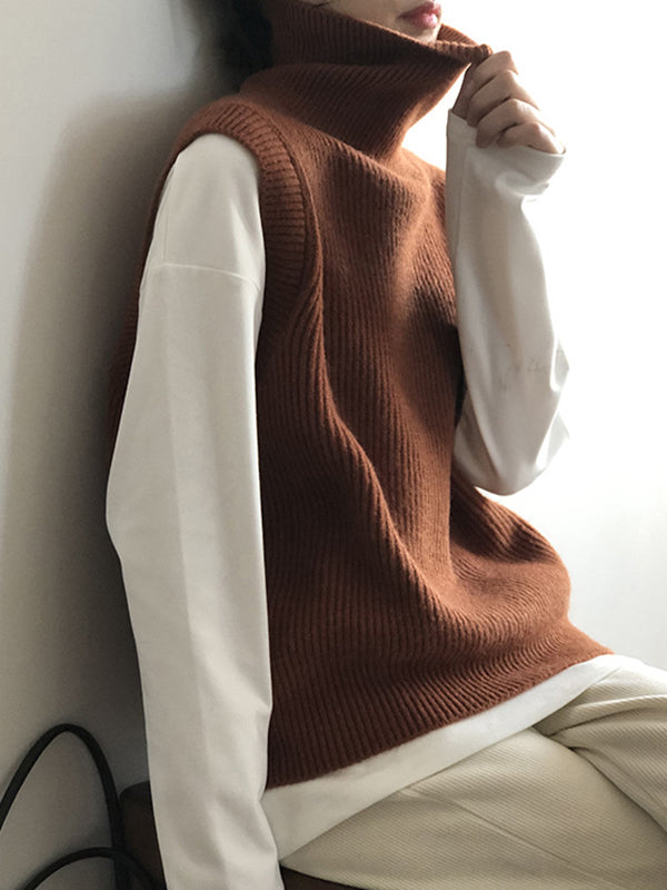 xakxx Casual Loose Sleeveless Solid Color High-Neck Sweater Vest Outerwear