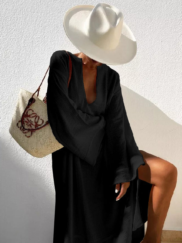 xakxx Vacation Flared Sleeves Solid Color Deep V-Neck Midi Dresses