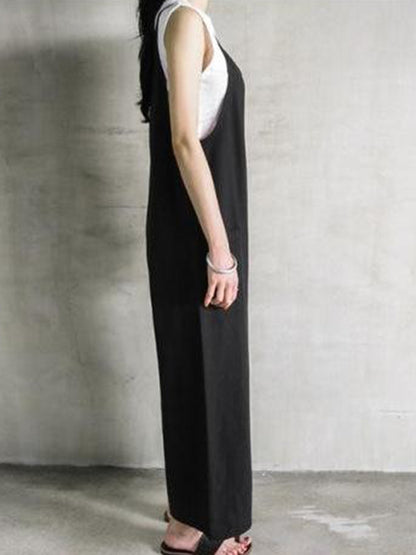 xakxx Black&Khaki Casual Spaghetti-Neck Loose Wide-Leg Overalls