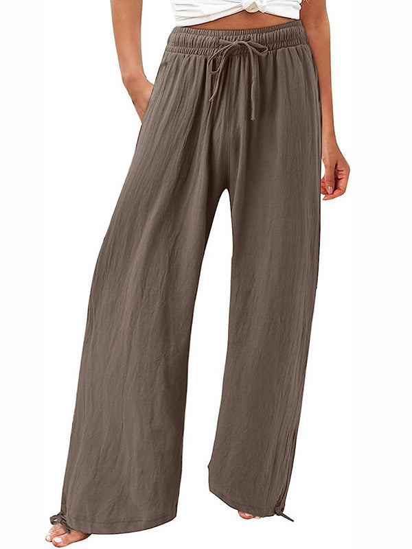 xakxx Loose Wide Leg Drawstring Elasticity Solid Color Pants Trousers