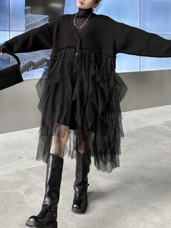 xakxx Long Sleeves Loose Buttoned Pleated Solid Color Split-Joint Tulle Velvet V-Neck Cardigan Tops