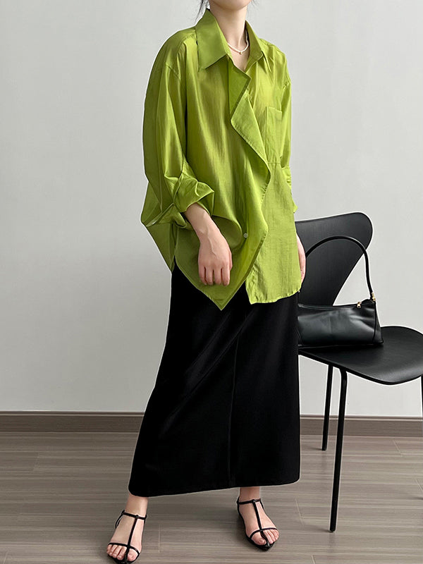 xakxx Irregular Clipping Long Sleeves Solid Color Lapel Blouses&Shirts Tops
