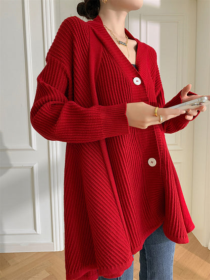 xakxx Stylish A-Line Long Sleeves Loose Solid Color V-Neck Cardigan Tops