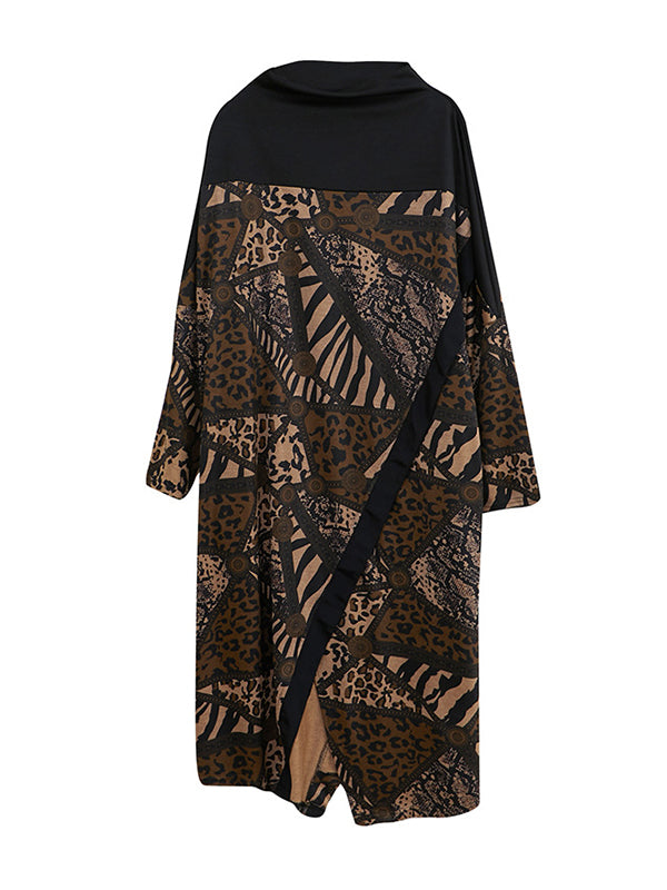 xakxx Long Sleeves Loose Asymmetric Printed Split-Front Split-Joint Mock Neck Midi Dresses