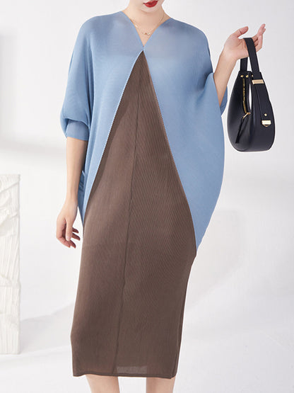 xakxx Batwing Sleeves Loose Contrast Color Pleated Round-Neck Midi Dresses