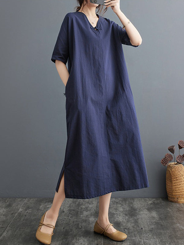 xakxx A-Line Loose Chinese Frog Buttons Pockets Solid Color Split-Side V-Neck Midi Dresses
