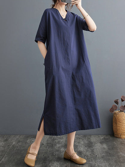 xakxx A-Line Loose Chinese Frog Buttons Pockets Solid Color Split-Side V-Neck Midi Dresses