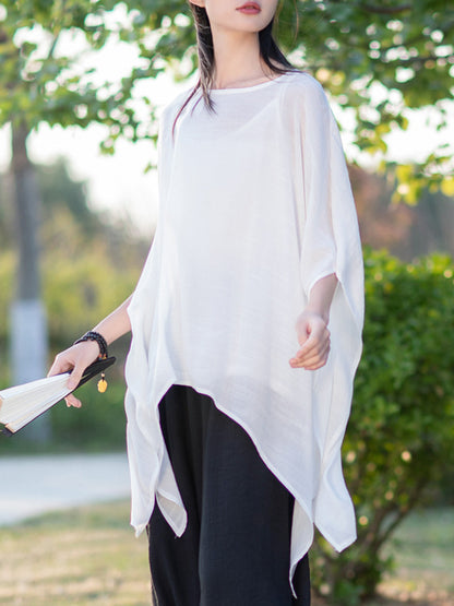 xakxx Half Sleeves High-Low See-Through Solid Color Round-Neck Blouses
