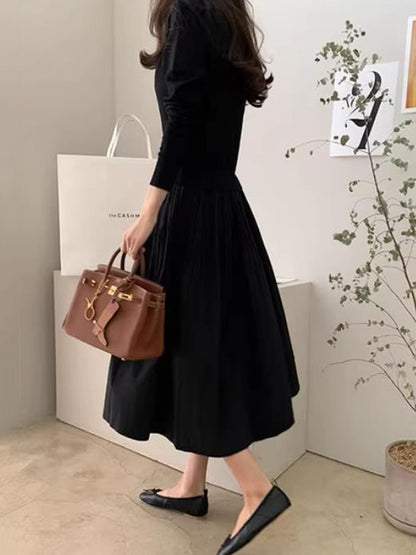 xakxx A-Line Long Sleeves Pleated Split-Joint Round-Neck Midi Dresses