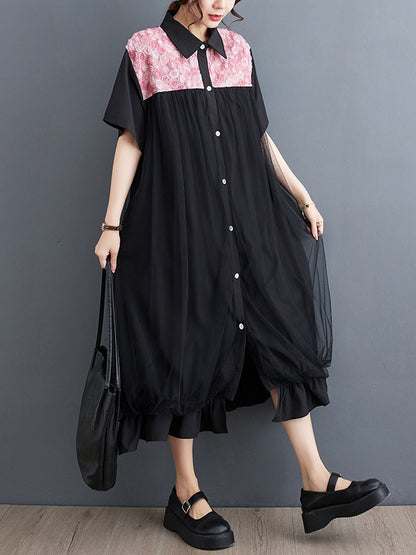 xakxx Loose Short Sleeves Falbala Printed Split-Joint Lapel Midi Dresses