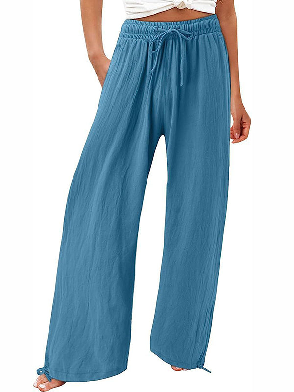 xakxx Loose Wide Leg Drawstring Elasticity Solid Color Pants Trousers