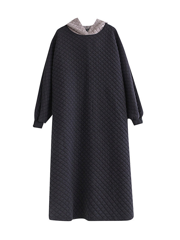xakxx A-Line Long Sleeves Hooded Quilted Split-Side Midi Dresses