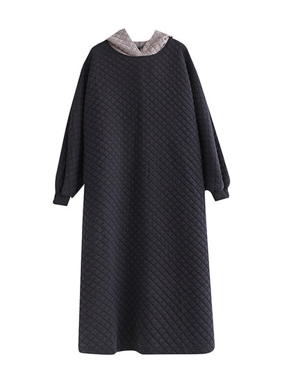 xakxx A-Line Long Sleeves Hooded Quilted Split-Side Midi Dresses