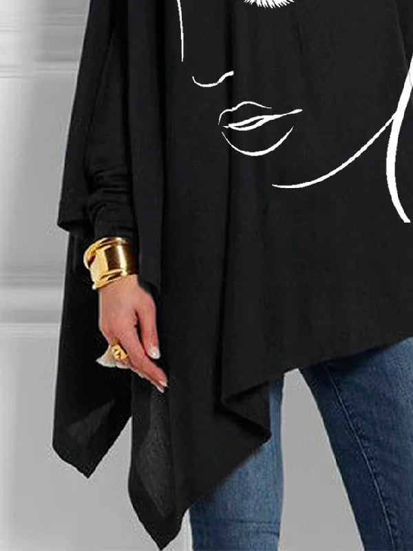 xakxx Casual Loose Long Sleeves Figure Printed Asymmetric High-Neck T-Shirts Tops