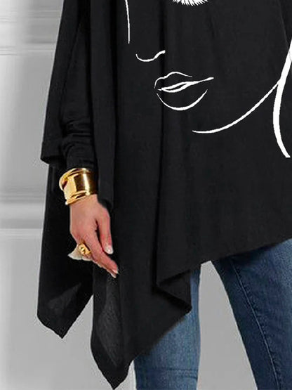 xakxx Casual Loose Long Sleeves Figure Printed Asymmetric High-Neck T-Shirts Tops