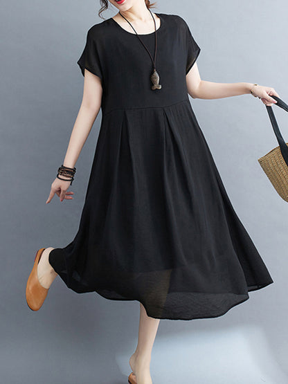 xakxx Loose Short Sleeves Solid Color Split-Joint Round-Neck Midi Dresses