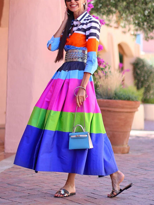 xakxx Loose Three-Quarter Sleeves Buttoned Contrast Color Striped Lapel Collar Midi Dresses