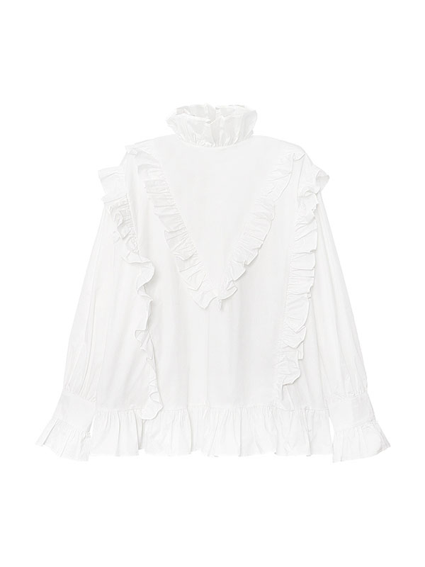xakxx Long Sleeves Loose Buttoned Ruffled Solid Color Stand Collar Blouses&Shirts Tops