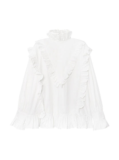 xakxx Long Sleeves Loose Buttoned Ruffled Solid Color Stand Collar Blouses&Shirts Tops