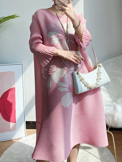 xakxx Flared Sleeves Loose Floral Printed Round-Neck Midi Dresses