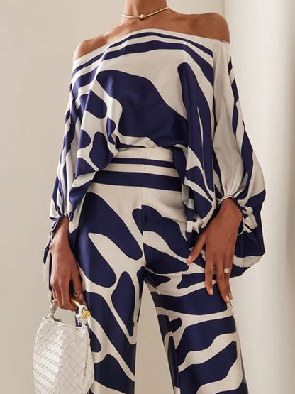 xakxx Printed Off-The-Shoulder Top + Wide Leg  Pants Two Pieces Set