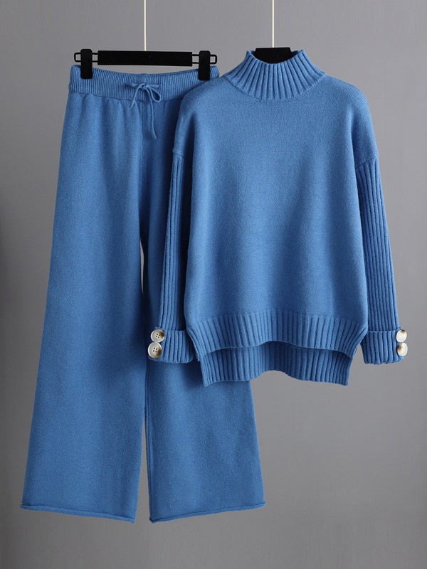 xakxx Urban Long Sleeves Solid Color Half Turtleneck Sweater Tops & Wide Leg Pants Two Pieces Set