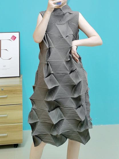 xakxx Casual Sleeveless Irregularity Pleated Solid Color Stand Collar Midi Dresses