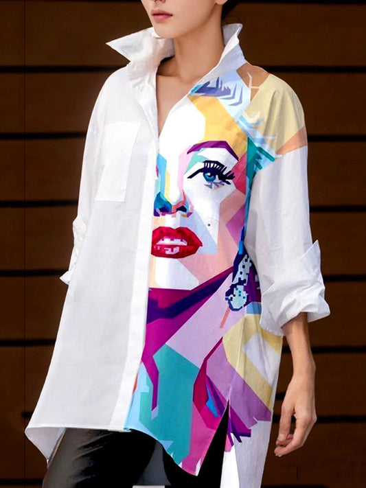 xakxx Long Sleeves Loose Buttoned Contrast Color Figure Split-Side Lapel Collar Blouses&Shirts Tops