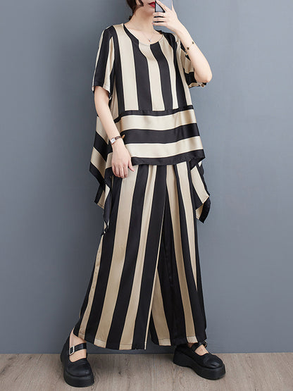 xakxx Irregular Clipping Loose Striped Round-Neck T-Shirt + Wide Leg Pants Two Pieces Set