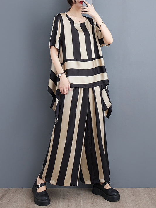 xakxx Irregular Clipping Loose Striped Round-Neck T-Shirt + Wide Leg Pants Two Pieces Set
