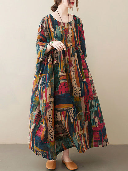 xakxx Vintage Loose Abstract Printed Pleated Round-Neck Half Sleeves Midi Dress
