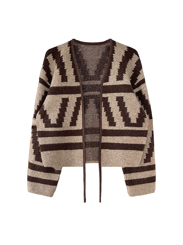 xakxx Long Sleeves Loose Contrast Color Printed Collarless Cardigan Tops