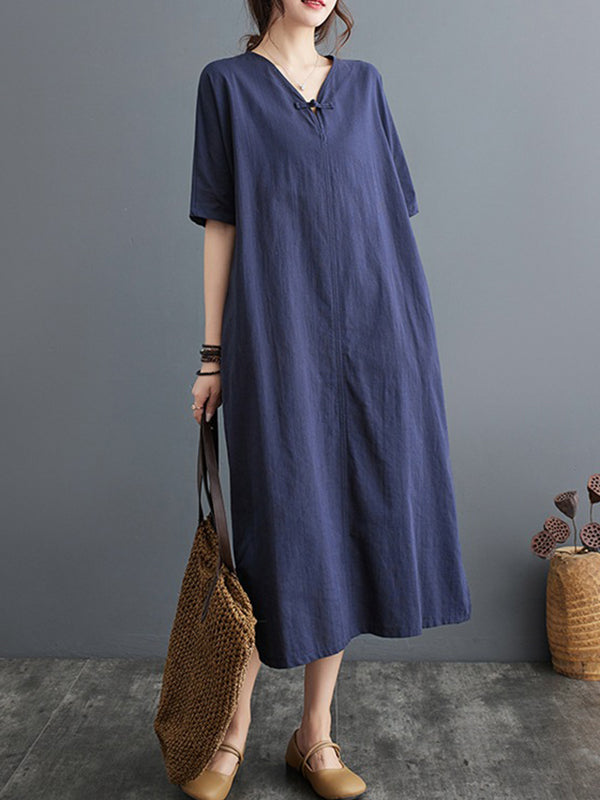 xakxx A-Line Loose Chinese Frog Buttons Pockets Solid Color Split-Side V-Neck Midi Dresses