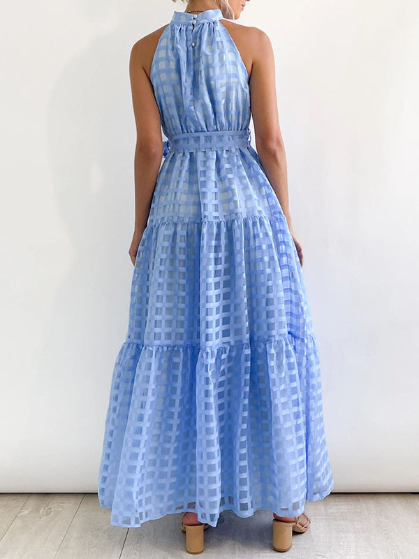 xakxx Loose Sleeveless Plaid Ribbed Stand Collar Maxi Dresses